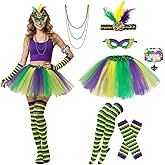 Paticr Women Mardi Gras Costume Accessories Set, Faur Feather Headband Mask Purple Green Tutu Socks Glove Beads for Carnival Halloween Party