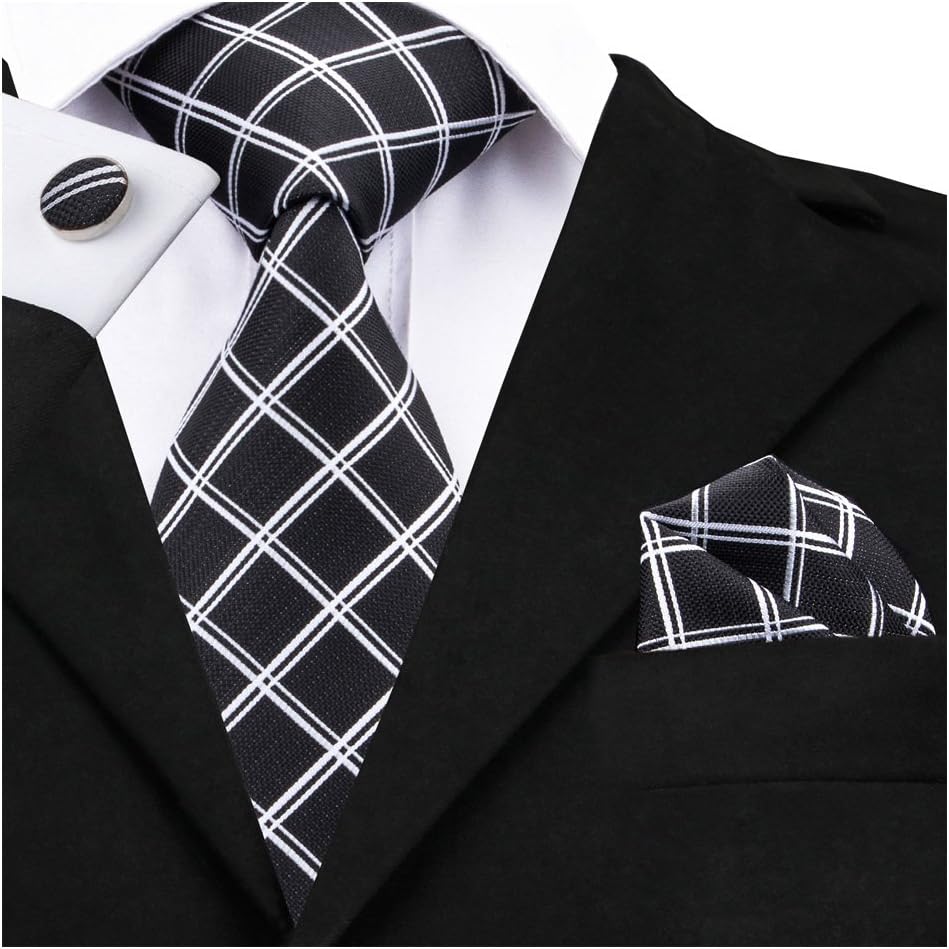DiBanGu Men's Silk Tie and Pocket Square Cufflinks Set Woven Necktie Plaid/Stripe