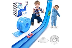 LEMOSTAAR Flexible Race Track Toys for Kids: 15 Ft Flex Race Car Ramp Track with Suction Cups - Rolls Up Portable DIY Racetrack Compatible with Diecast 1/64th Cars Model - Birthday Gifts for Boys Girls Ages 3+