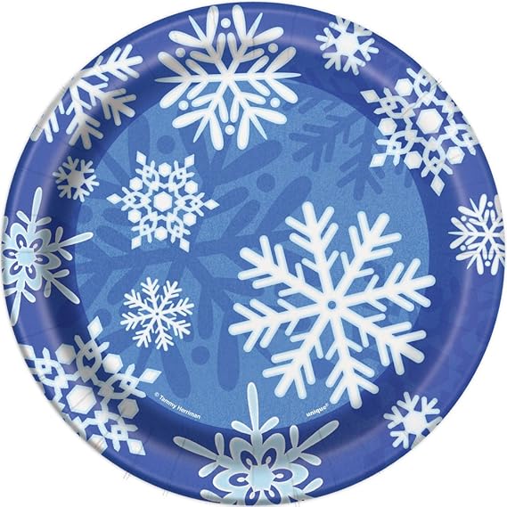 8 Christmas Party Winter Snowflakes Blue Small 7" Paper Dessert Plates