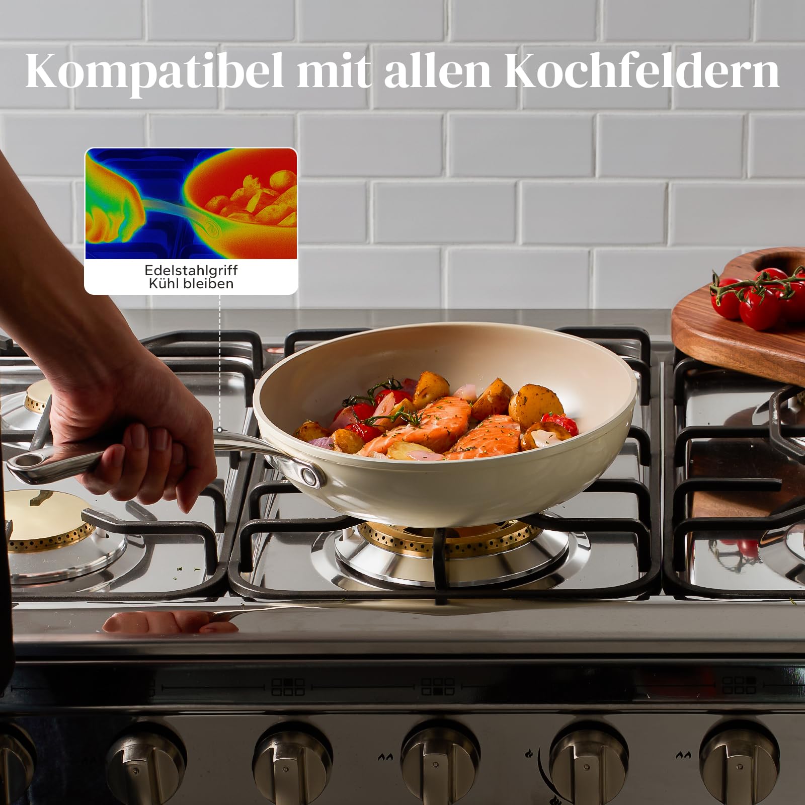 Redchef Pfannenset Keramik Aluminium Bratpfannen, Antihaft Keramik-beschichtet Pfannen Induktion 20/24/28 cm für alle Herdarten, PTFE-frei PFAS-frei PFOA-frei, Backofenfest (Beige) 5