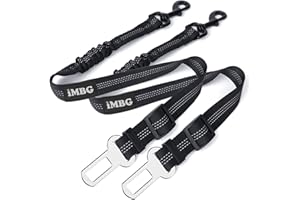 iMBG Dog Seat Belts for Car, 2 Pack Adjustable Nylon Restraint Car Seat Belt for Dog, Strong Dog Car Safety Harness with Elastic Bungee Buffer, 360 Degree Swivel Attach Won't Twist
