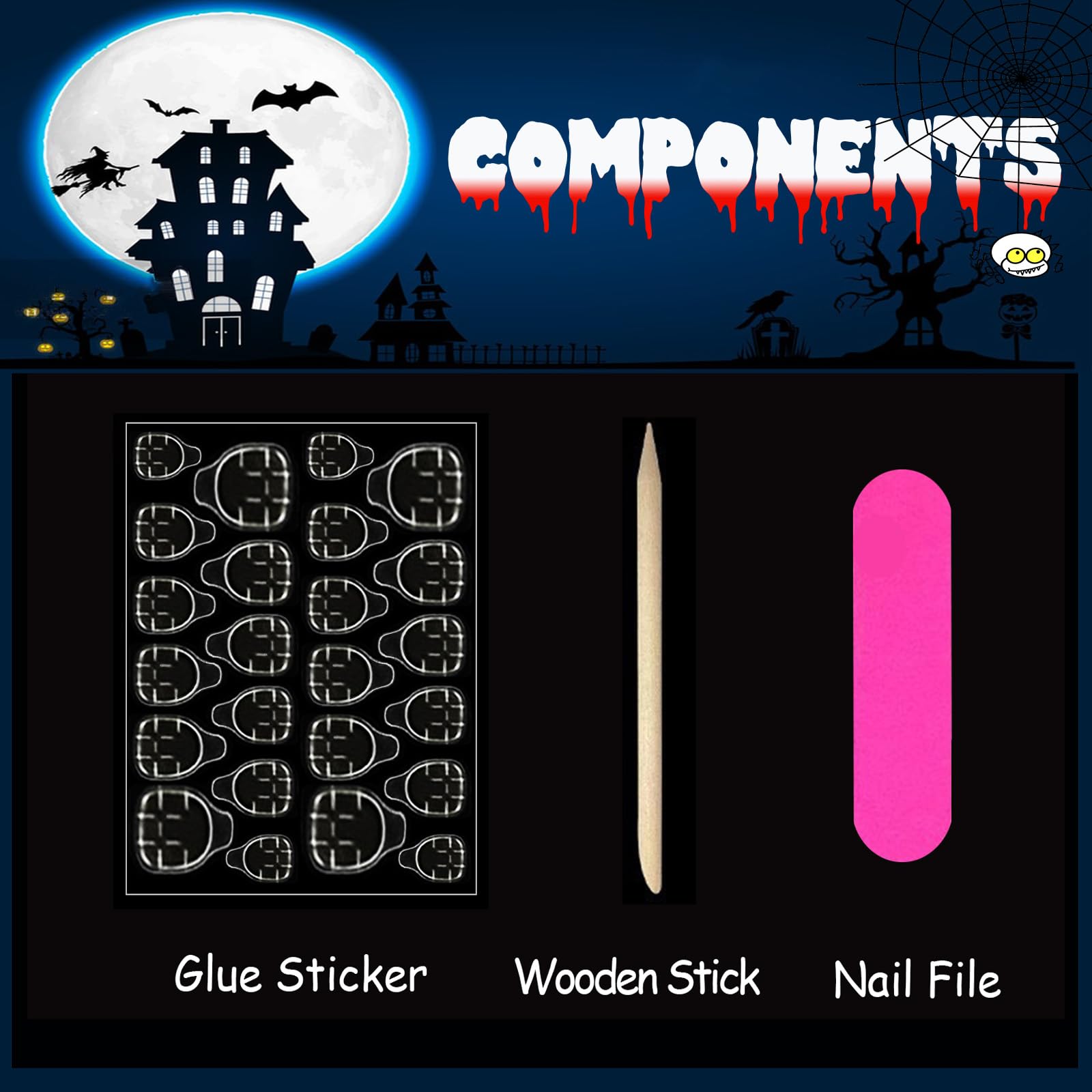 Halloween Press on Nails Long Almond Fake Nails Goth Skull Black Rose False Nails with Design Rhinestone Acrylic Glue on Nails Glossy Full Cover Stiletto Artificial Stick on Nails for Women Manicure - Image 6