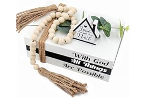 TARKLANDA Wood Decorative Books for Home Decor,Rustic Farmhouse Book Stack Wood Faux Books for Living Room Book Shelf Decor Decorative Books Display with Wood Bead Tassels and Leaves for Home Decor (all things)