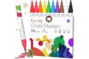 Funcils Fine Tip Chalk Markers for Chalkboard, Blackboard, Window, Labels, Bistro, Glass, Car, Board (10 Pack, 3mm) - Wet Wipe Erasable Ink, 3mm Reversible Tip Liquid Chalk Pens
