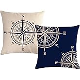 7COLORROOM Set of 2 Nautical Navy Blue Throw Pillow Covers Coastal Sailing Compass Cushion Cover Coastal Beach House Decor Pillowcases 18”x18” for Sofa Couch Patio
