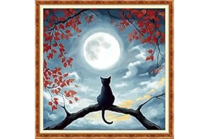 DMCXART Counted Cross Stitch Kits for Adults Needlepoint Kits Unprinted Cross Stitching Embroidery Kit 11CT Cross Stitch Supplies-Cat Admiring The Moon 18x18 inch