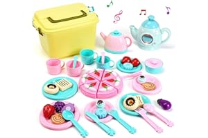 CUTE STONE Kitchen Toy Tea Sets for Kids, Tea Party Toy w/ Light & Sound,Cups Dishes,Kettle,Storage Case,Dessert,Cookies