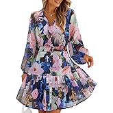 ZESICA Womens Spring Summer Floral Mini Dress Long Sleeve Button Chiffon A Line Swing Short Wedding Guest Party Dresses