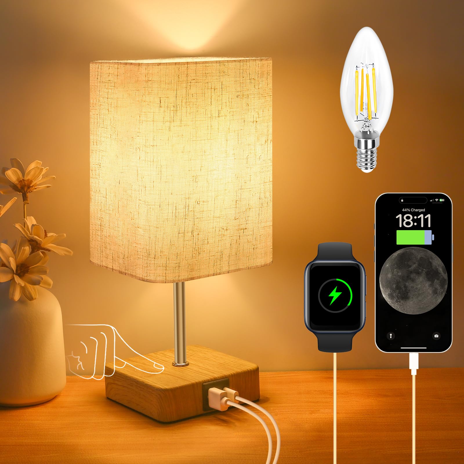 Touch Control USB Table Lamp, Dimmable Nightstand Lamps with USB Charging Ports, Small Touch Lamp with Wood-grain Base ＆ Beige Fabric Shade for Bedroom, Living Room, Children's room, Bulb Included