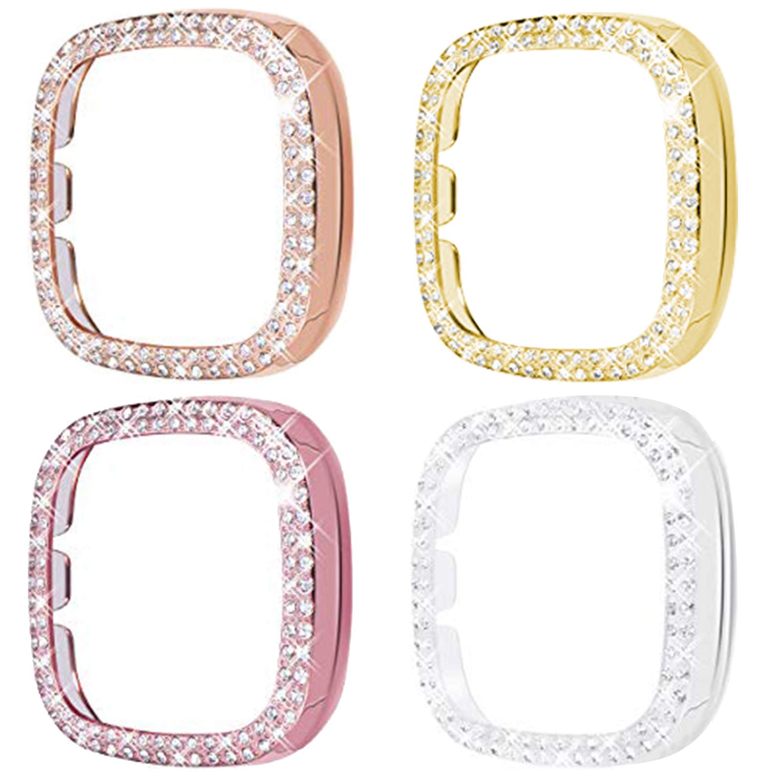 Photo 1 of [Double Diamonds] SINGEAR Bling Protector Case Compatible for Fitbit Versa 4/ Sense 2, Shiny Crystal Rhinestone Bumper Frame for Women Smart Watch (4 Pack, Clear+Rose Gold+Rose Pink+Gold)