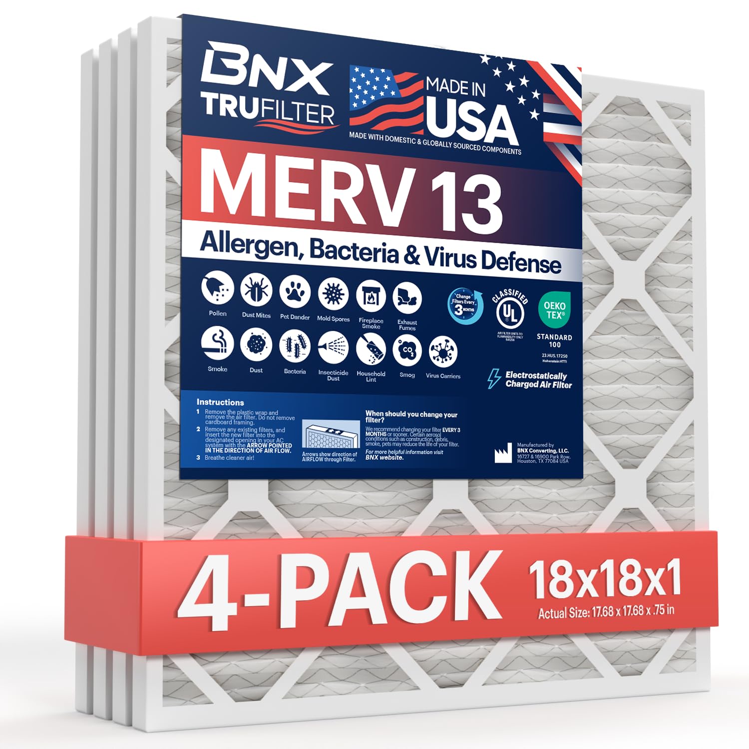 Photo 1 of BNX TruFilter 18x18x1 Air Filter MERV 13 (4-Pack) - MADE IN USA - Electrostatic Pleated Air Conditioner HVAC AC Furnace Filters for Allergies, Pollen, Mold, Bacteria, Smoke, Allergen, MPR 1900 FPR 10