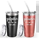 LiqCool Godparents Gift, Godparents Proposal Gift from Godchild, 20 Oz Godmother & Godfather Est 2025 Tumbler Set, Cool Gifts for Godparents on Christmas Birthday Mother's Day(Black&Rose Gold)