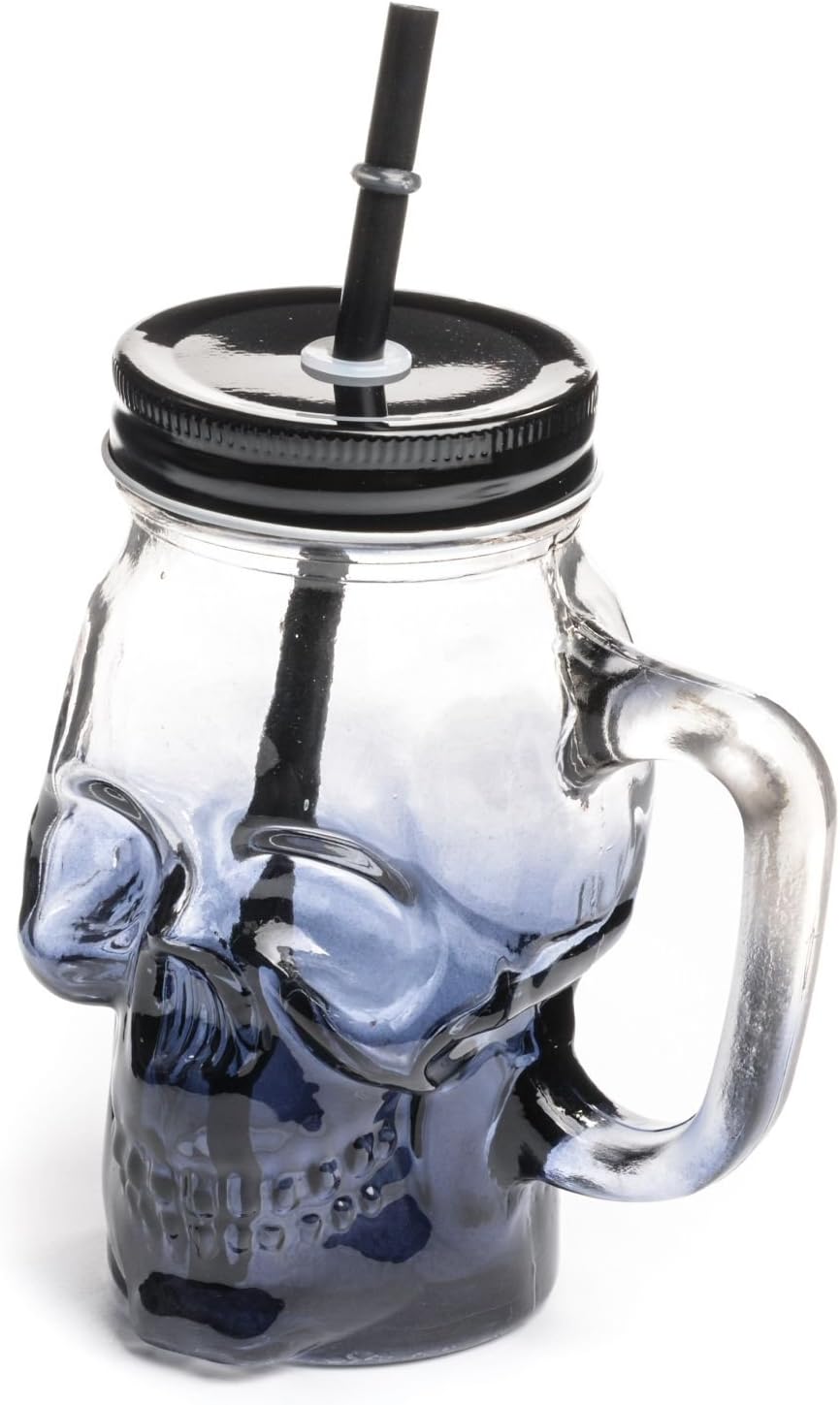 Mason Jar Glass Skull Design 16oz with Handle & Straw