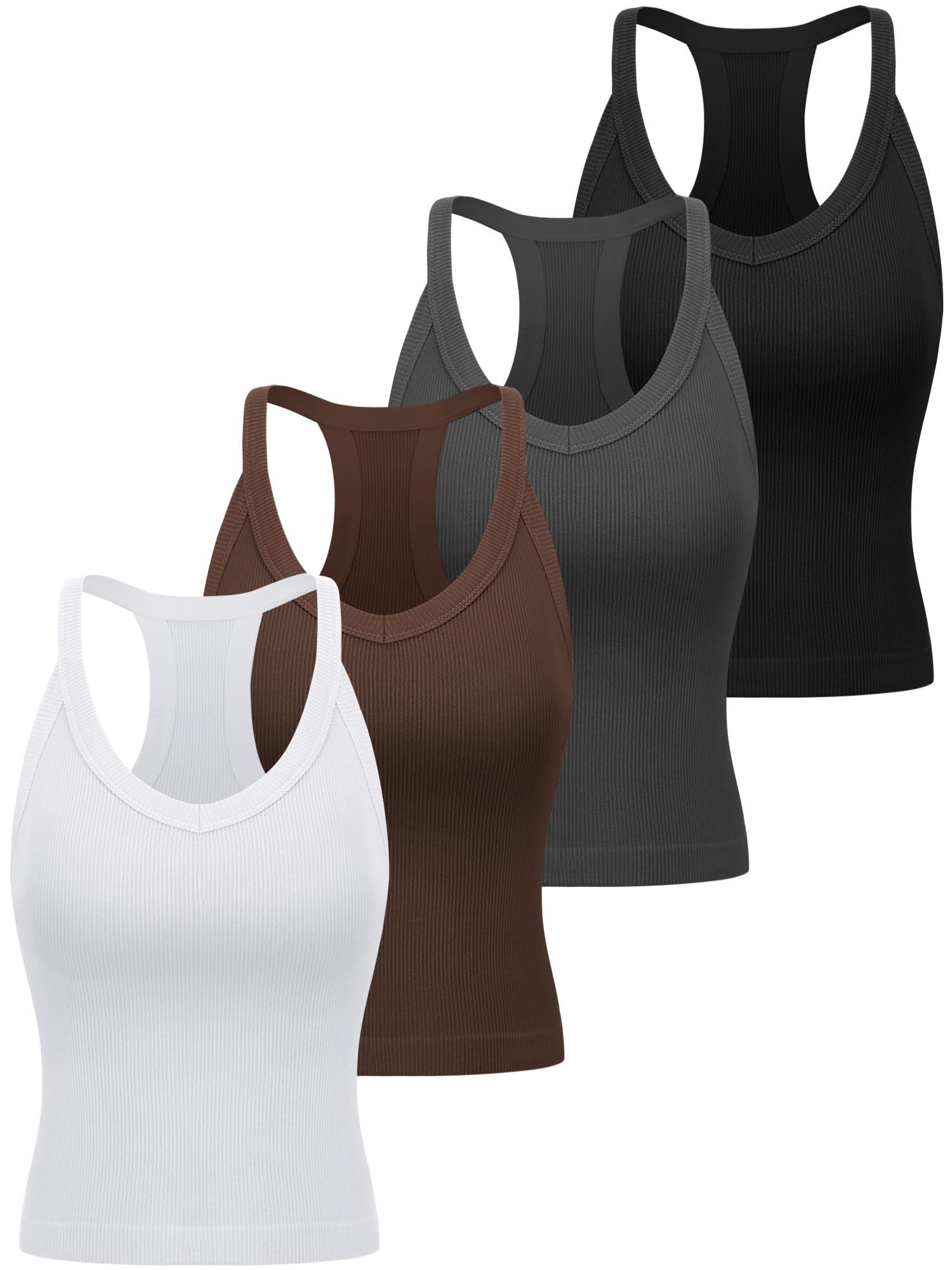 Photo 1 of Bencailor 4 Pack Womens Ribbed Workout Tank Tops with Racerback Summer V Neck Seamless Crop Camisole for Sport(Black, White, Coffee, Dark Gray,Large)