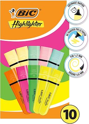Marking Surligneurs à pointe biseautée et Longue Durée pour Usage Scolaire et Professionnel (1.2 mm-4.6 mm) - Couleurs Assorties Néon et Pastel, Boîte de 10