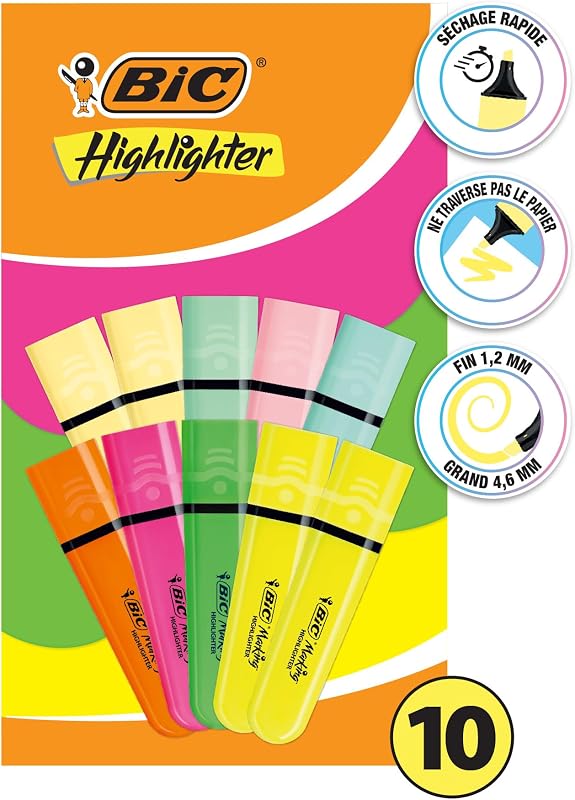 Marking Surligneurs à pointe biseautée et Longue Durée pour Usage Scolaire et Professionnel (1.2 mm-4.6 mm) - Couleurs Assorties Néon et Pastel, Boîte de 10