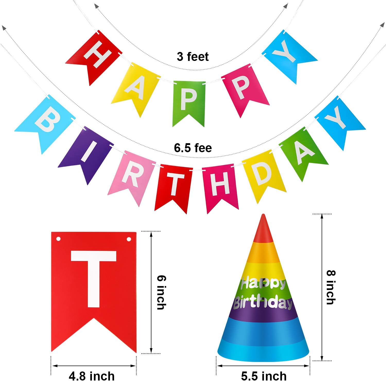 20 Pieces Rainbow Birthday Party Hats Adorable Party Cone Hats with Colorful Happy Birthday Banner for Adults Kids Birthday Party Decorations: Toys & Games