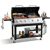 Outdoor Grill Griddle Combo, 54,000 BTU Propane BBQ with 627 SQ.IN. Cooking Area, Porcelain Cast Iron Grates, Foldable Tables, Locking Wheels &amp; Storage Cabinet for Backyard