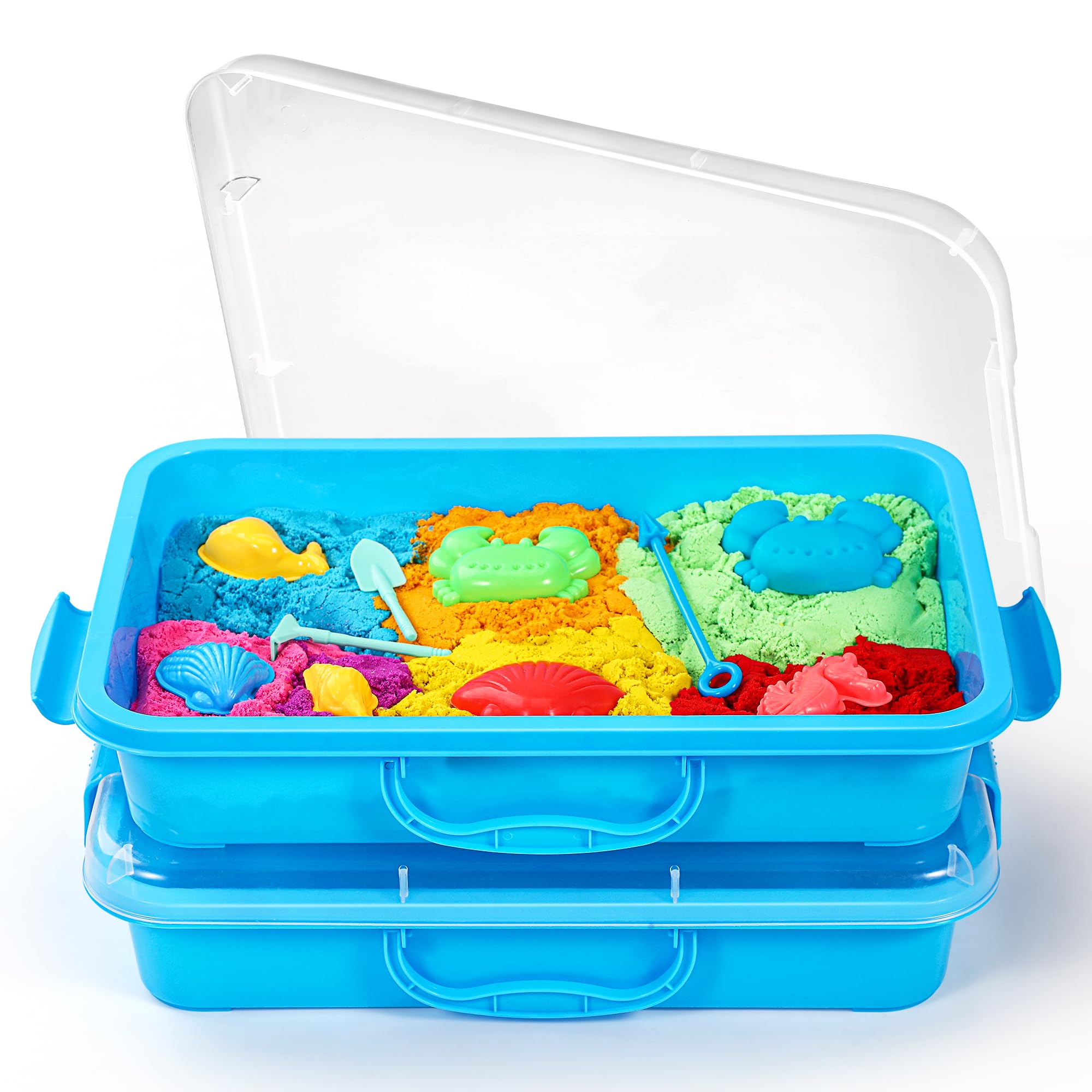 sikmcle Sandpit Sensory Bin with Lid and Handle, Portable Sensory Sandbox Container for Children, Plastic Activity Tray for Toddlers - (Pack of 2, Blue)