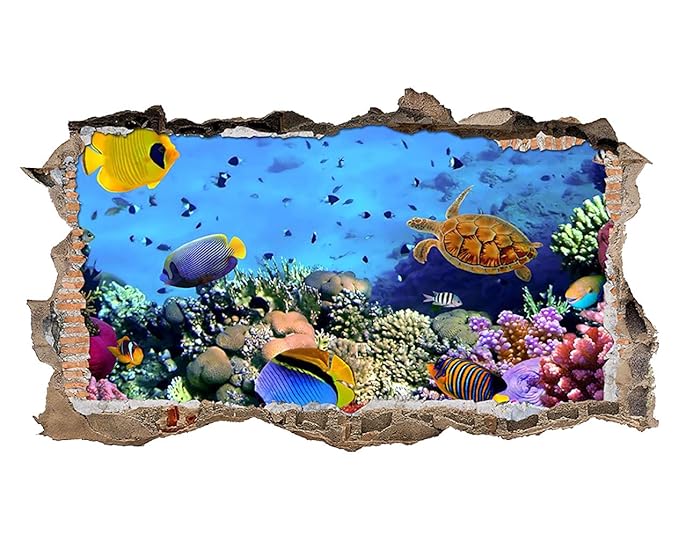 tekkdesigns W037 Aquarium Fish Ocean Sea Coral Wand Aufkleber 3D Poster Art Aufkleber Vinyl Zimmer (groß (90 x 52 cm))