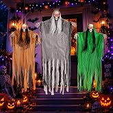 3 Pack Halloween Hanging Skeleton Ghost Decorations with Light Up Red Eyes | 63" 47&rdquo; 47", Large Grim Reapers with Bendable Arms, Foldable, for Indoor/Outdoor/Haunted House/Porch/Yard/Garden/Party Decor