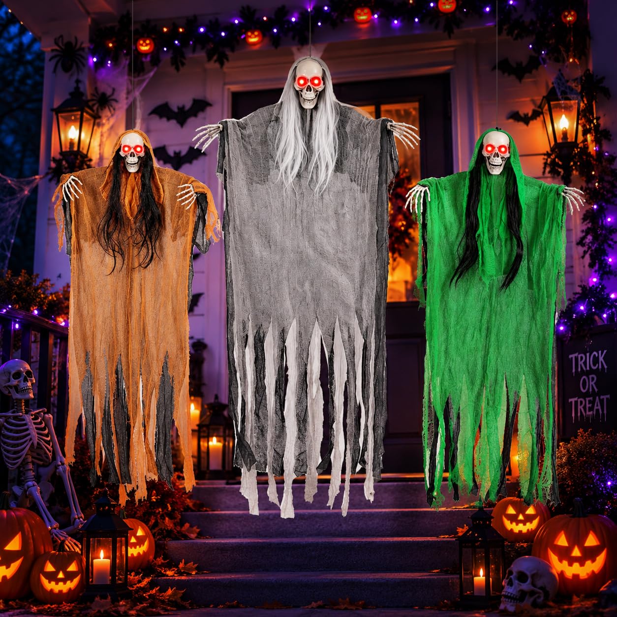 3 Pack Halloween Hanging Skeleton Ghost Decorations with Light Up Red Eyes | 63" 47” 47", Large Grim Reapers with Bendable Ar