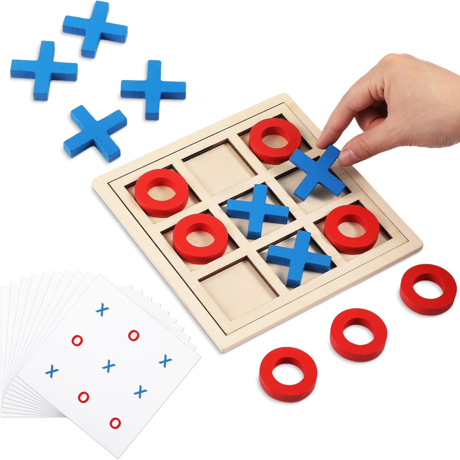 Photo 1 of Seenelling Jumbo Wooden Tic Tac Toe Game Dementia Activities for Alzheimers Seniors with Matching and Puzzle Templates XO Chess Board Game for Elderly Engaging Table Decor(Blue, Red)
