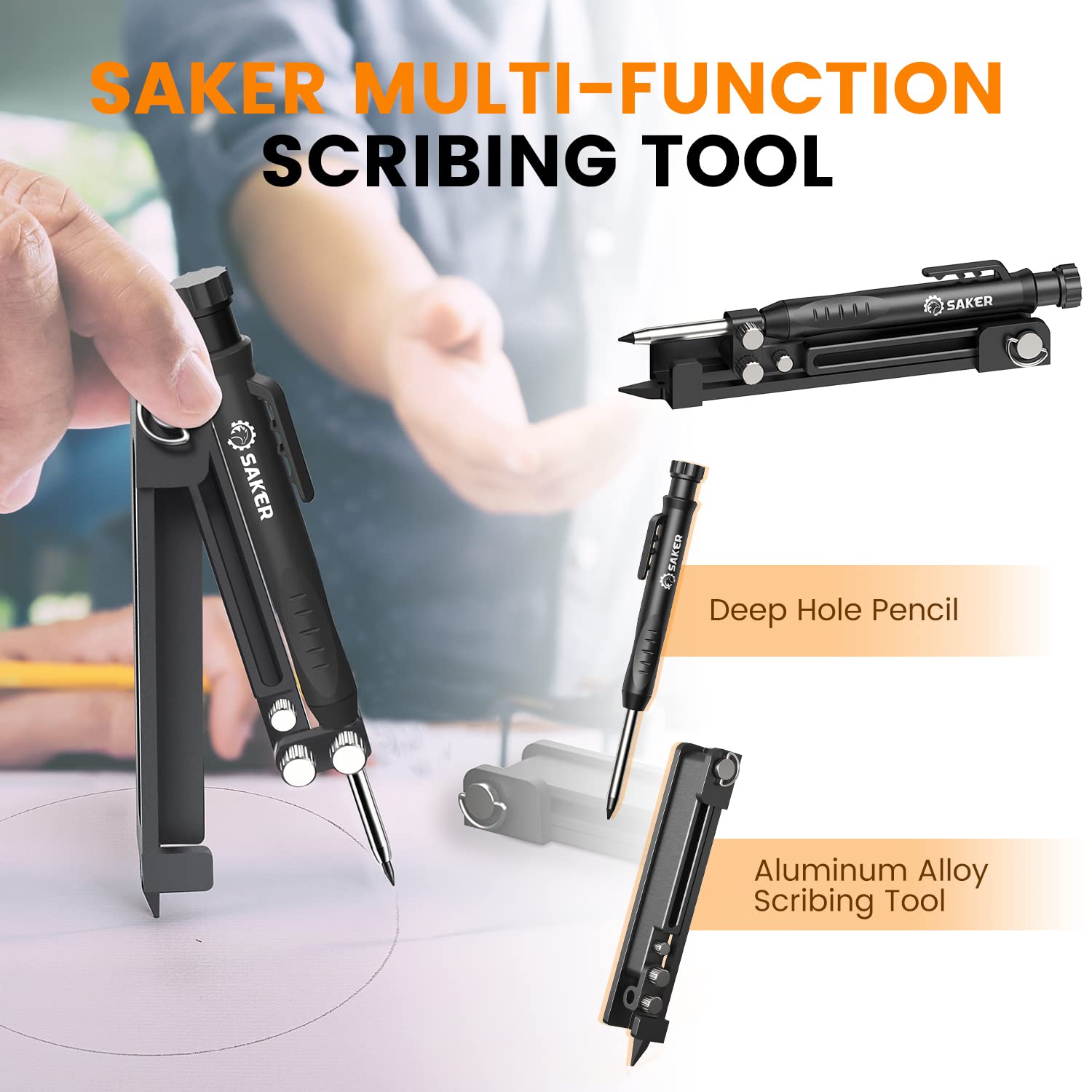 Saker Multi-function Scribing Tool- Construction Pencil- Aluminum Alloy Scribe Tool with Deep Hole Pencil,DIY Woodworking Scribe Gauge Scriber Line Maker Measuring Tool,Gifts For Men(5.5Inch BLACK)