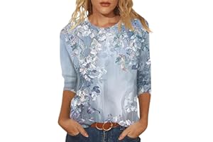 NAMTYQX Shirts for Women Trendy 3/4 Sleeve Crewneck Cute Shirts Casual Print Three Guarter Length T Shirt Summer Pullover