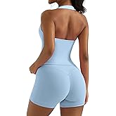 OMKAGI 2 Piece Workout Sets for Women Halter Sports Bra Tank Gym Biker Shorts Outfits