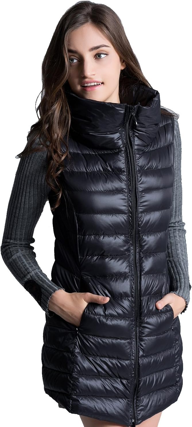 Women's Mid Long Down Vest Lightweight Puffer Vest Coat Jacket Stylish Windbreaker