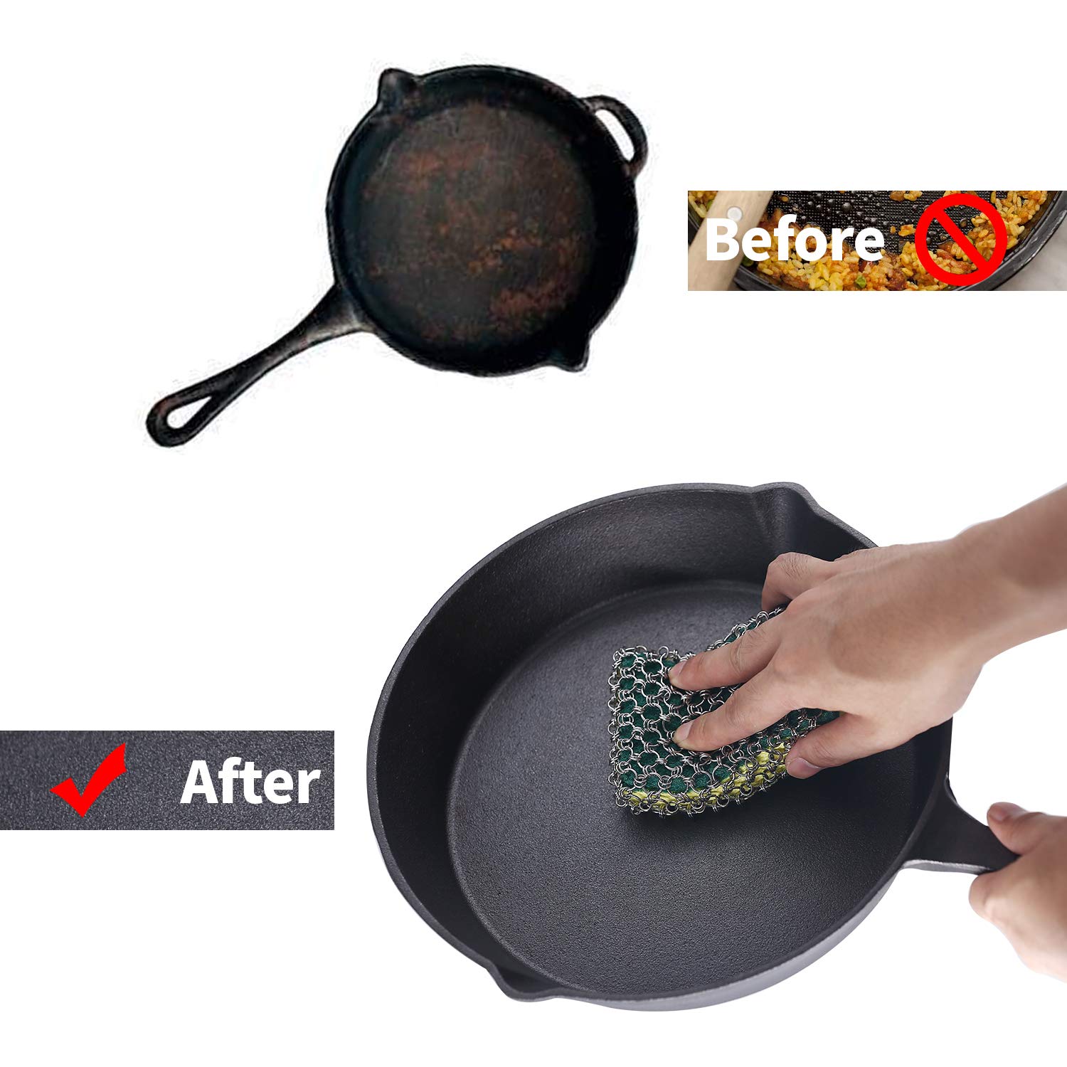Tafond Cast Iron Skillet Cleaner with Wood Pulp Sponge Stainless Steel Chainmail Scrubber Cookware Pan Pot Dutch Oven Grill Scraper & Scrubber