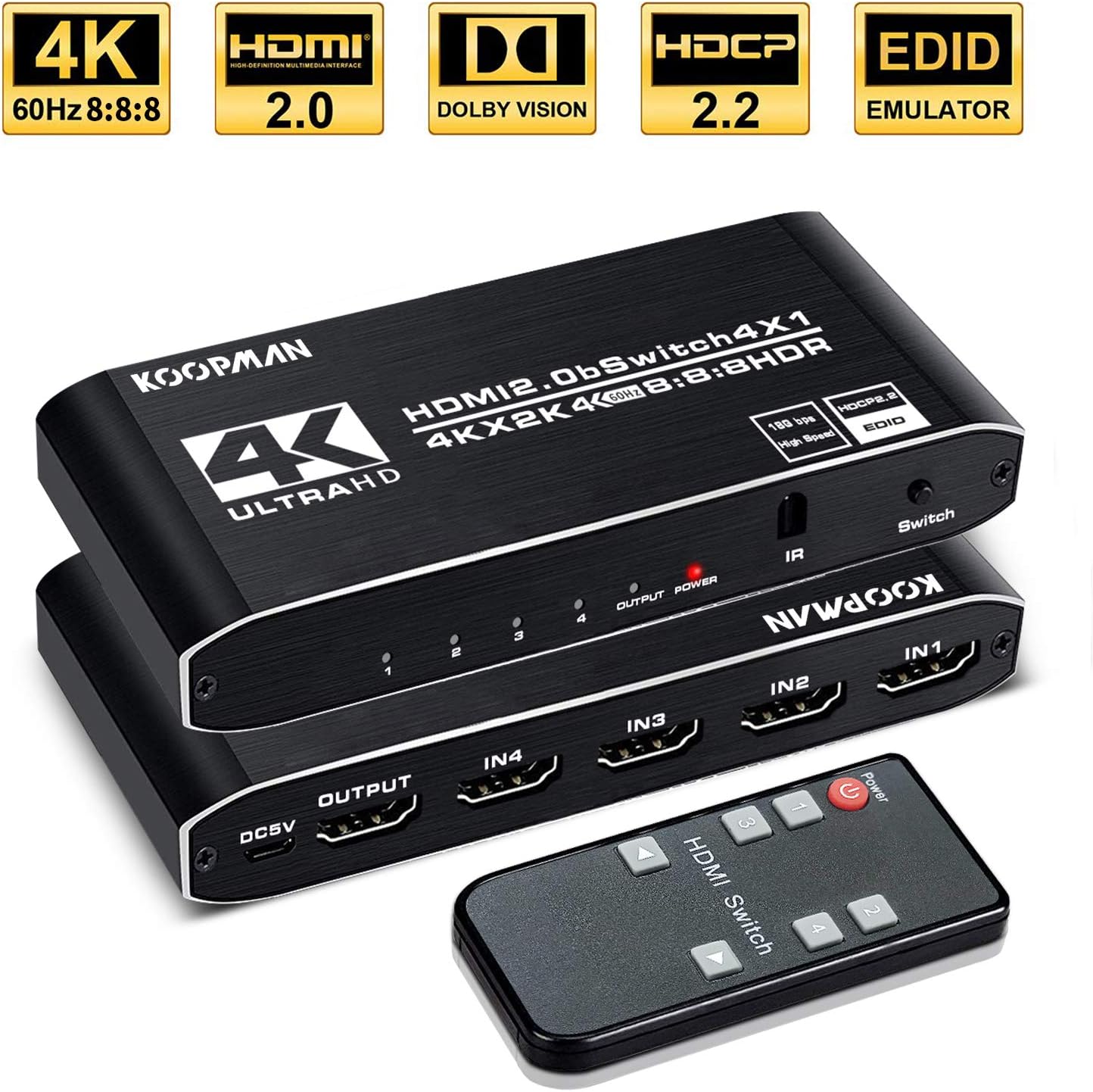 4k HDR HDMI Switch, Koopman 4 Ports HDMI 2.0 Switcher Selector with IR Remote Control, Supports HDCP 2.2 4K@60Hz UltraHD HDR10 3D HD1080P Dolby DST, HDMI Splitter for PS4 Xbox Apple TV Fire Stick