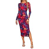 oten Women's Long Sleeve Floral Print Mesh Ruched Bodycon Midi Cocktail Wedding Guest Party Club Dress