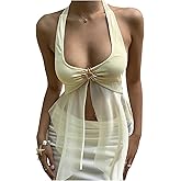 Milumia Women's Metal Backless Mesh Halter Top Y2k Sexy Split Asymmetrical Tank Tops