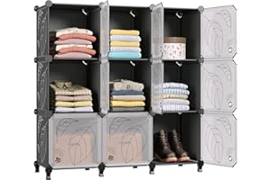GREENSTELL Closet Organizer, 9 Cube Storage Organizer with Doors, Portable Closet Storage Shelves, Modular Bookcase Closet Cabinet for Clothes, Books, Toys, (11.8x11.8x11.8 inch), Black + White Doors