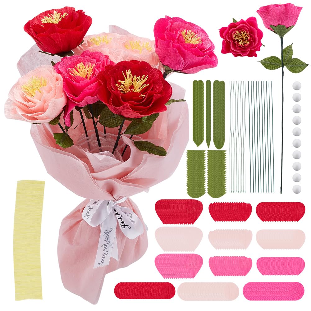 Photo 1 of PLIGREAT Precut Crepe Paper Making Kit with Instruction Tissue Paper Floral Stem Wire Green Floral Tape for Beginners Flower Making Birthday Party Decoration, Peony