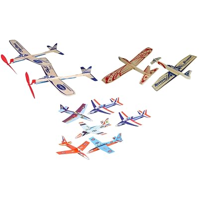 Balsa Wood and Foam Outdoor Toy Airplane Set - 2 Sky Streak Balsa Wood Rubberband Propellor Planes, 2 Super Hero Balsa Wood Glider Planes, and 6 Foam