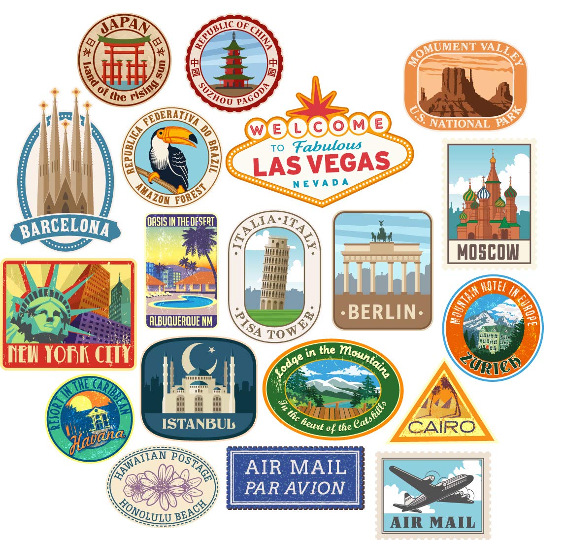 Luggage stickers 20x suitcase patches vintage travel labels retro vintage graffiti iphone car stickerbomb style vinyl decals door skateboard cafe fridge patches