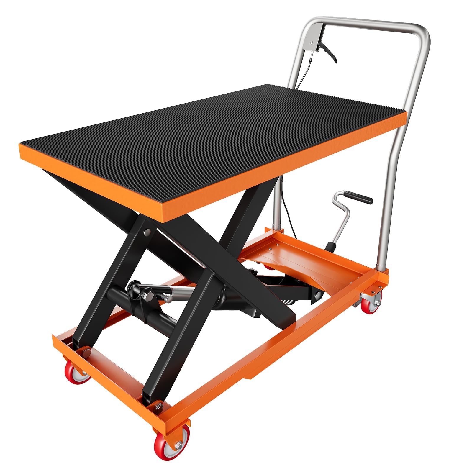 Photo 1 of ***POSSIBLY FOR PARTS/ HAS DAMAGE TO 1 OF THE WEELS**** Hydraulic Lift Table Cart, 500 LBS Capacity 28.5 in Lifting Height, Manual Single Scissor Lift Table with Locking Wheels and Non-Slip Pad, Hydraulic Scissor Cart for Material Handling