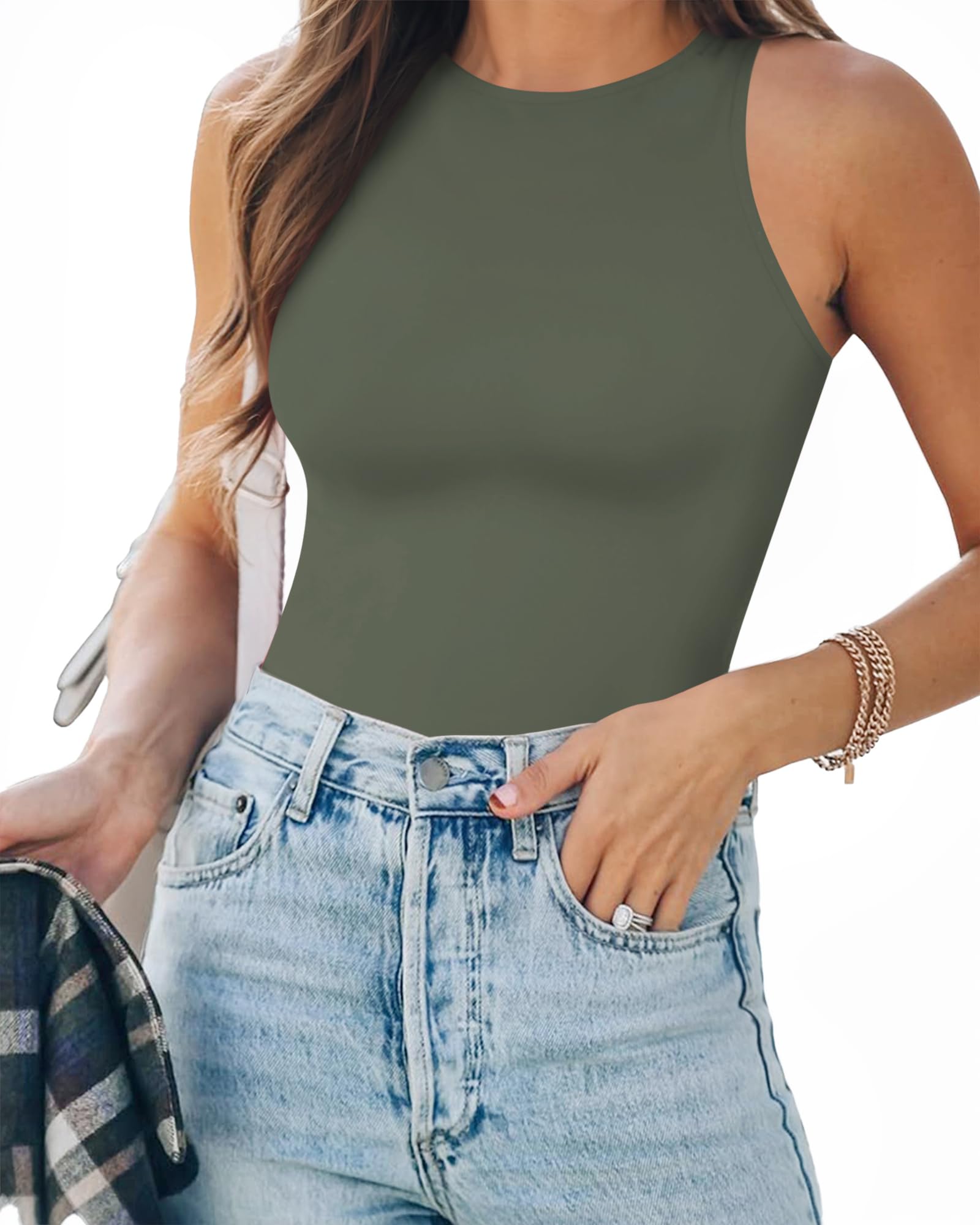 Photo 1 of MANGOPOP Tank Top Body Suits Women Sexy Crew Neck Racerback Halter Ribbed Sleeveless Bodysuit for Women MD