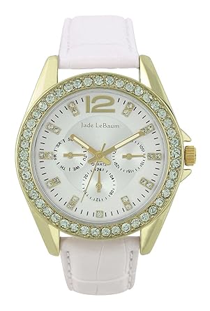 Womens White Leather Strap Watch Gold-Tone Rhinestones Accented Bezel Jade LeBaum - JB202738G
