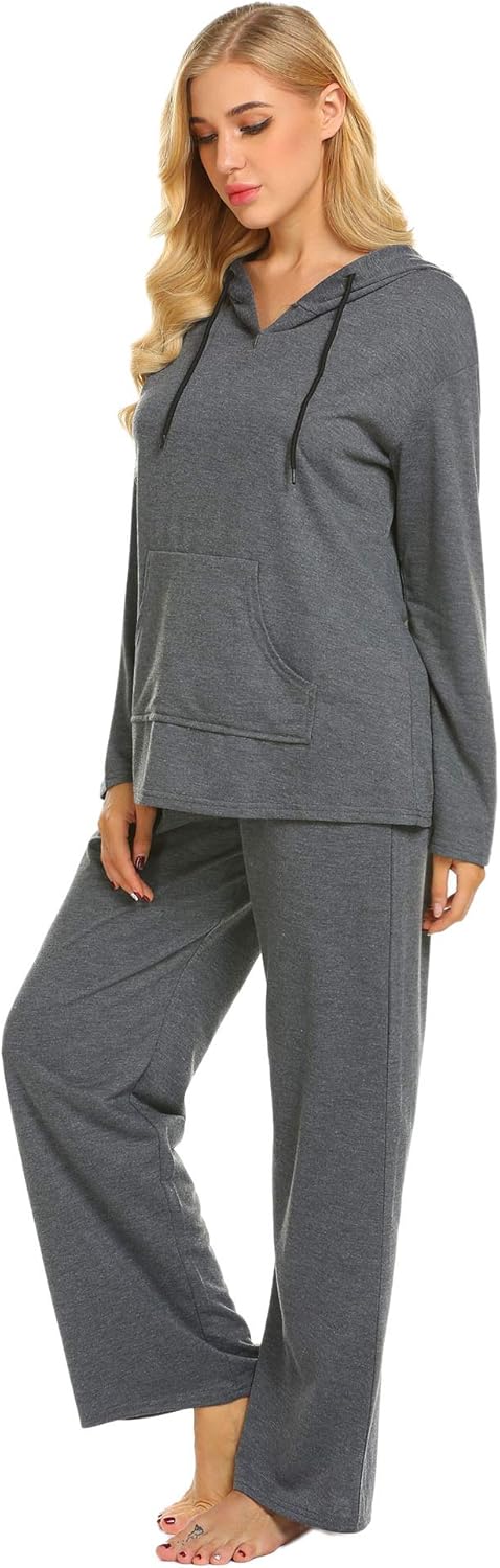 Ekouaer Sleepwear Women Long Sleeve Hooded Sweatshirt Casual Loungewear Wide Leg with Pocket Pajama Set Winter at  Women’s Clothing store