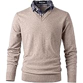 Herothorn Men's Knit Sweater Fashion Pullover Soft Touch V-Neck Sweatshirt Top with Plaid or White Mock Shirt Collar