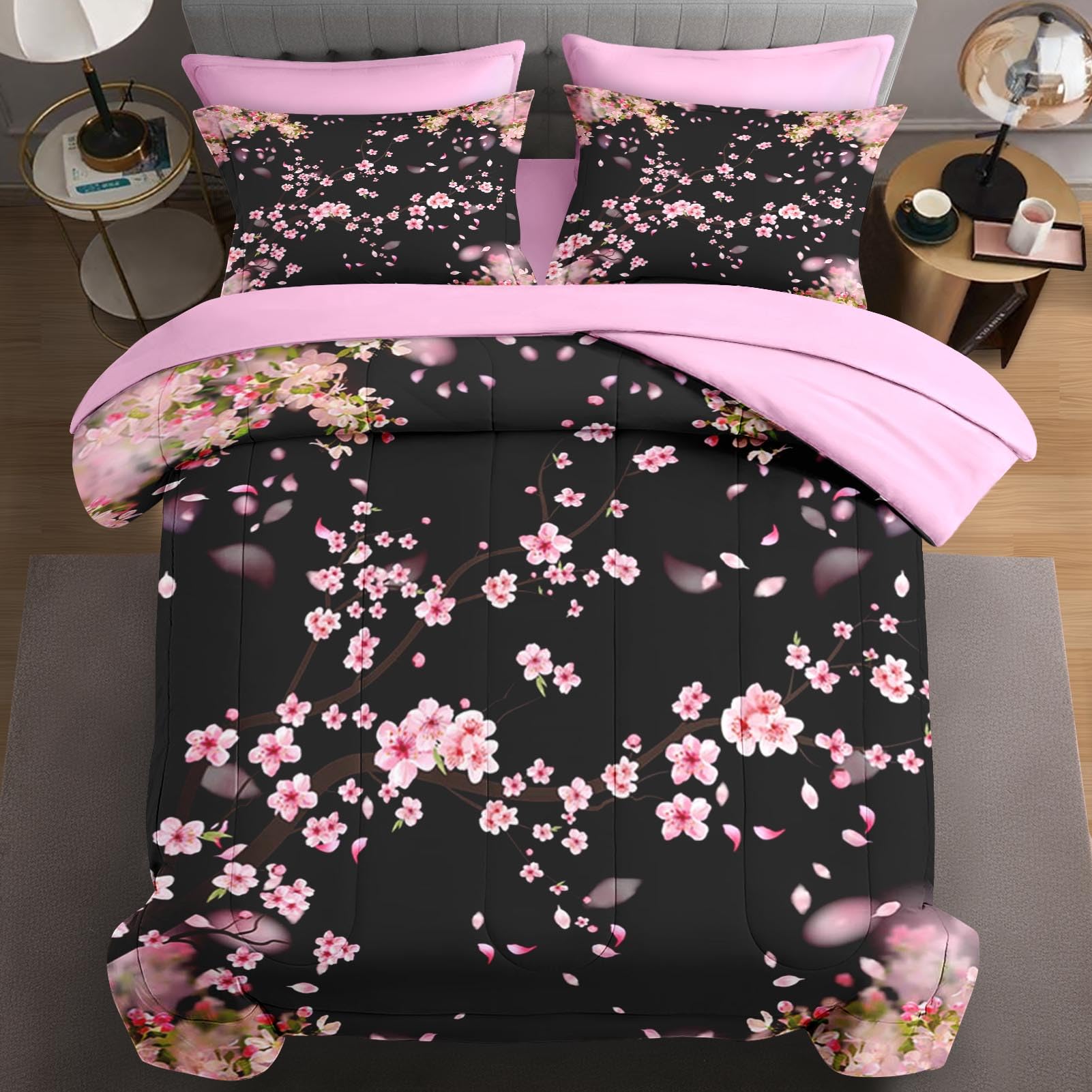 Photo 1 of WeCozy 7 Pcs Queen Size Comforter Set with 2 Pillowcases & 2 Shams, Tree Flower Floral Bedding for Kids and Adults, Pink Cherry Blossom Bed in a Bag with Flat Fitted Sheet
