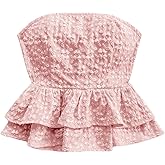 WDIRARA Women's Floral Layered Ruffle Hem Tube Top Bow Tie Back Peplum Tops