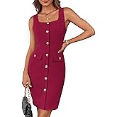 GRACE KARIN 2025 Women's Buttons Belted Square Neck Business Work Dress Sleeveless Bodycon Midi Dress