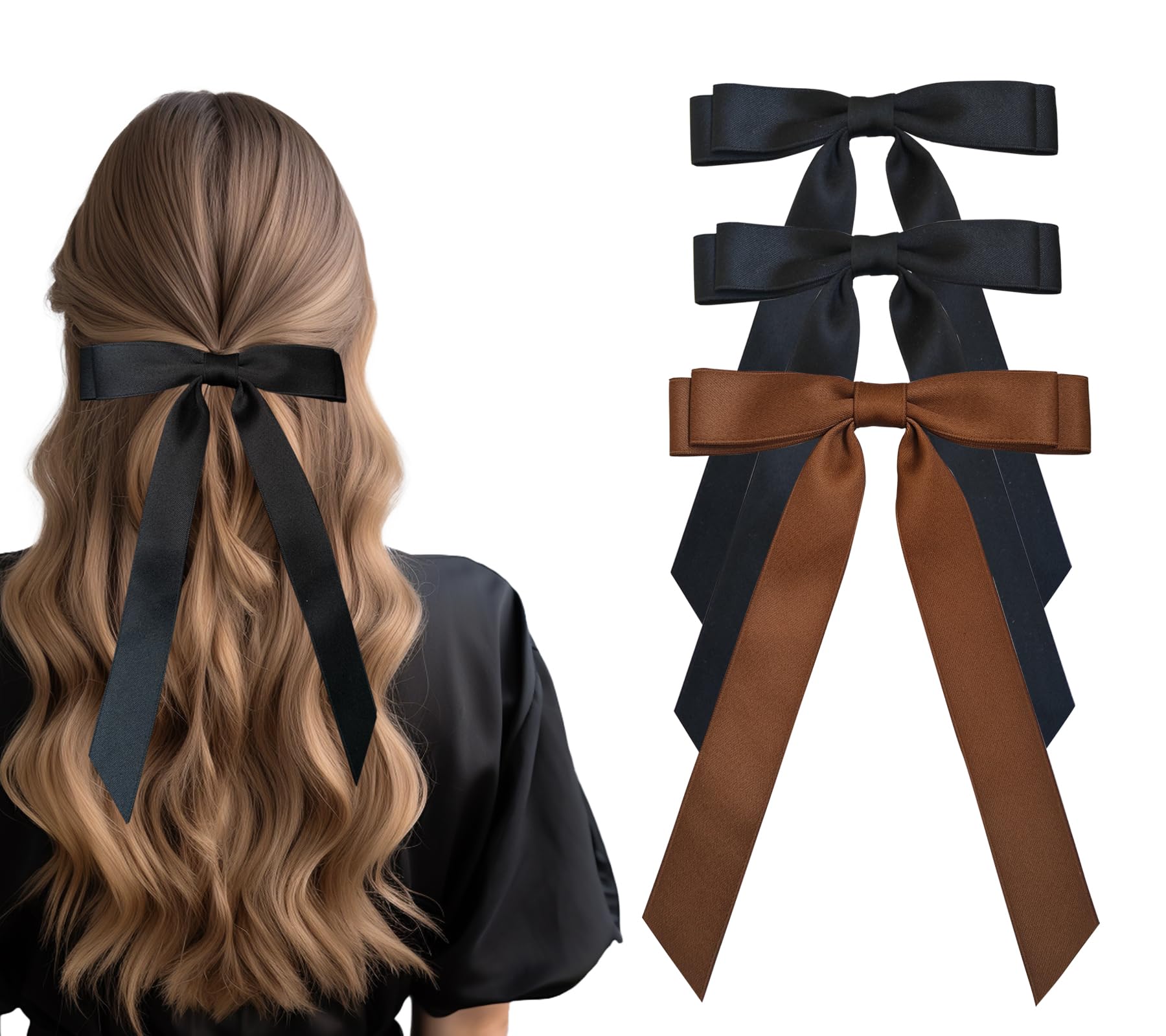 Photo 1 of 2 pack TOPSTUFF 3PCS Hair Clip Bows for Women, Hair Accessories for Girls with Metal Clips, Bow Knot Barrettes for Hair Ribbons, (Black Black Brown)