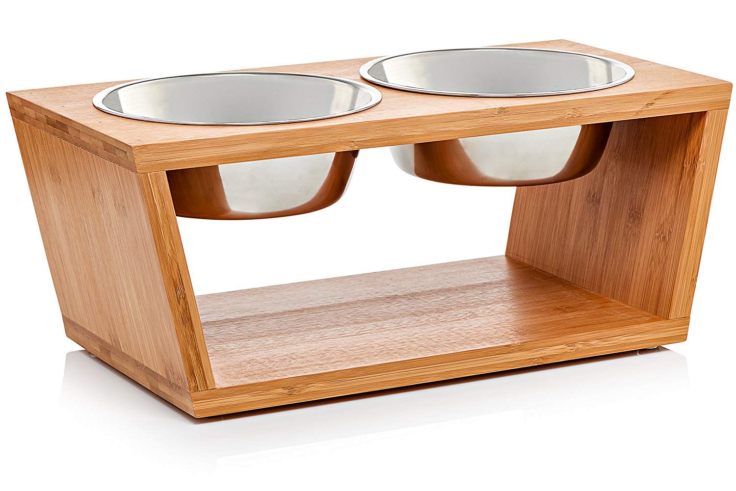 Migosset Pet Feeder - Elevated Bamboo Bowl Holder for Medium, Larger Breed Dogs - Wooden Raised Feeding Station - With 4 Stainless Steel Bowls, 7 Cup Capacity Each - 7" x 17.5" x 9" - Medium